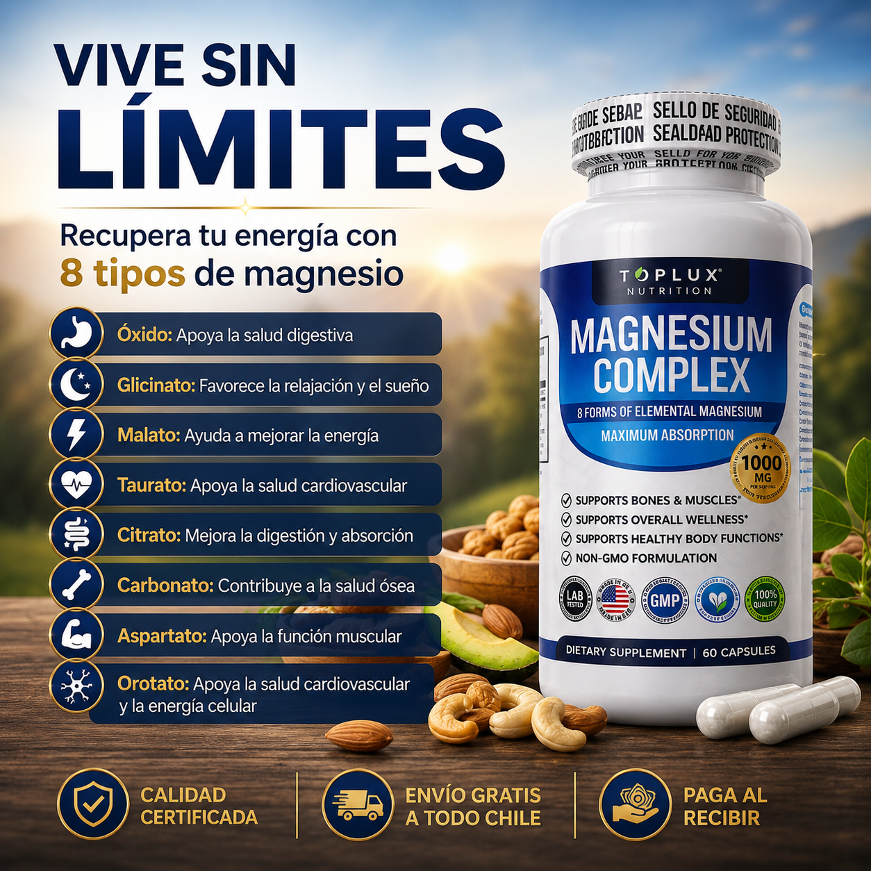 2x1 Magnesio Suplemento 8 Elemental 1000mg