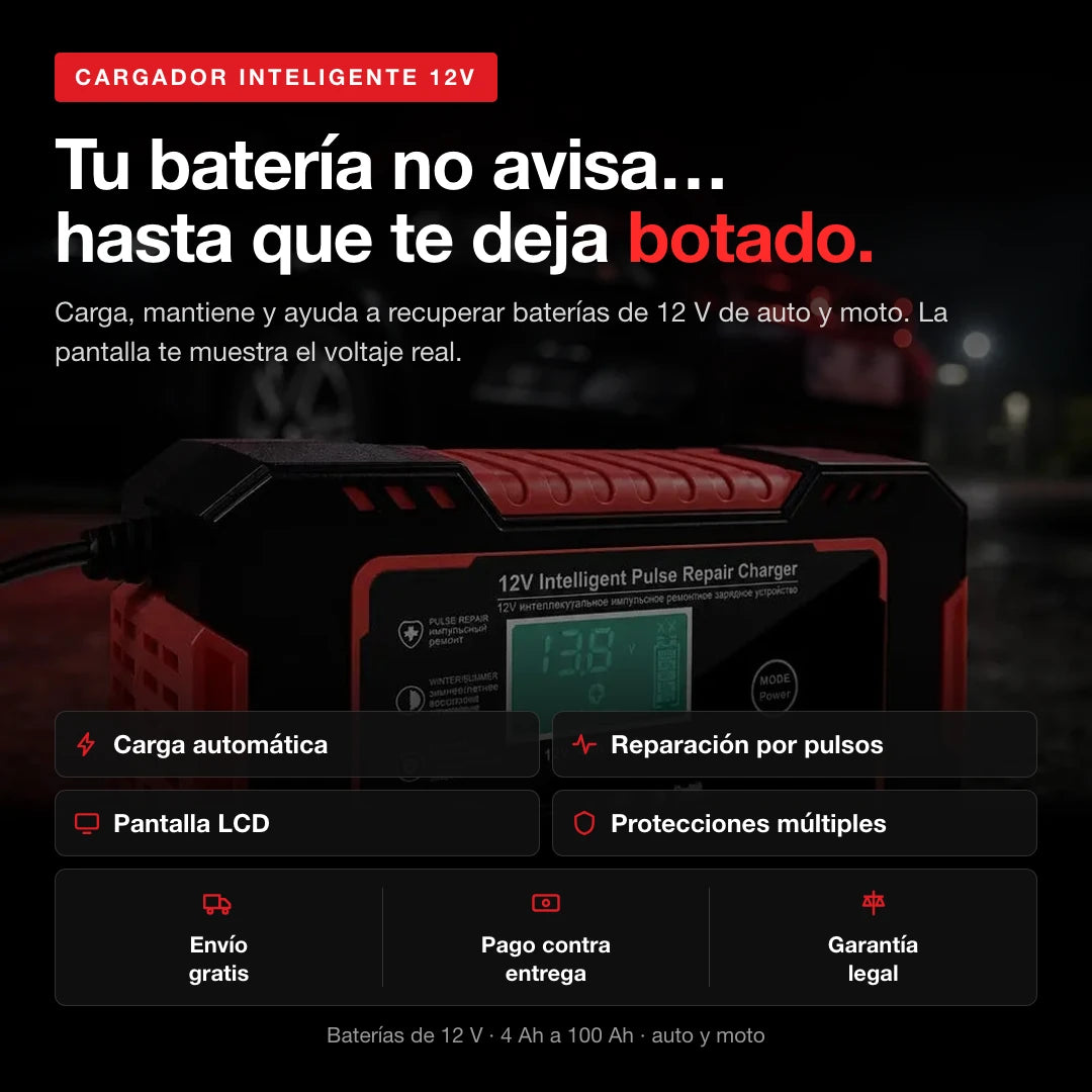 Cargador inteligente 12V para batería de auto y moto, con pantalla LCD y pinzas