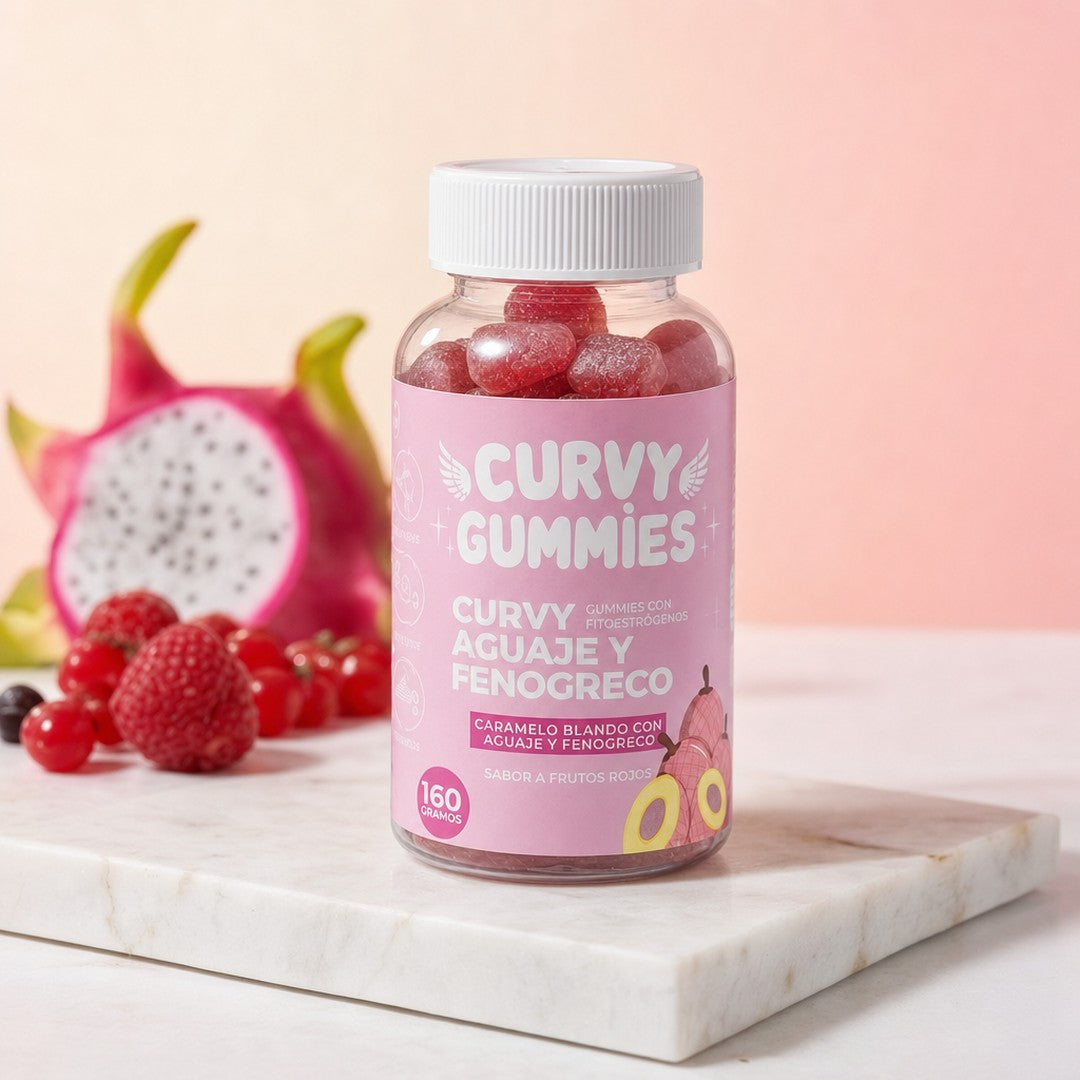 Frasco de Curvy Gummies de 160 gramos, etiqueta rosada con aguaje y fenogreco