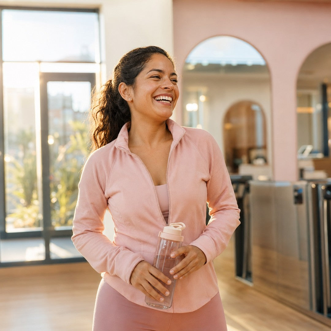 Mujer joven sonriendo con ropa deportiva y una botella de agua después de entrenar