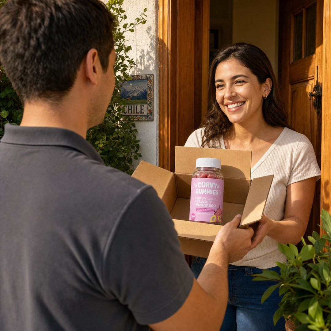 Repartidor entregando la caja con el frasco de Curvy Gummies en la puerta de una casa, con pago contra entrega