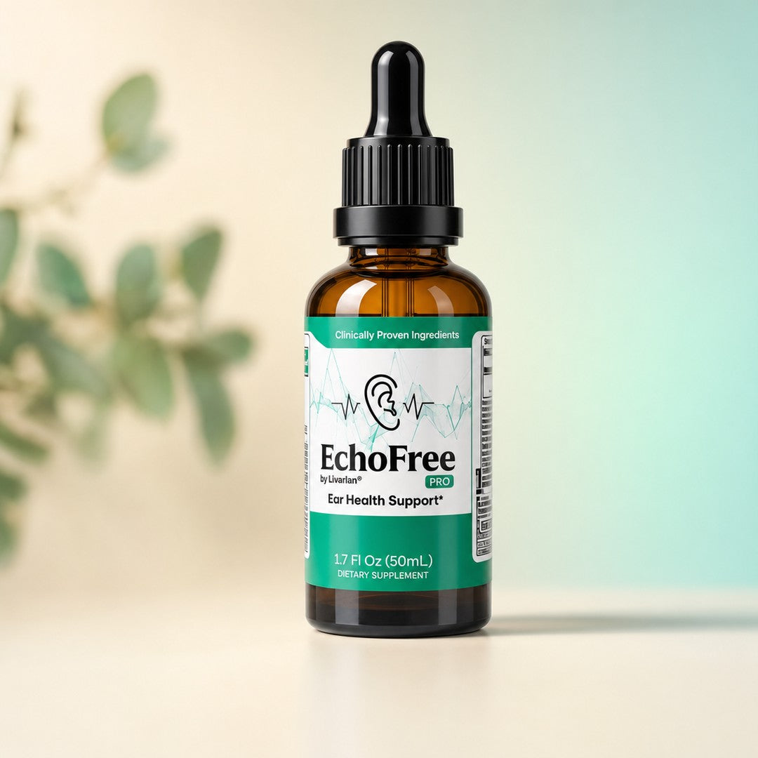 Frasco de EchoFree Pro de 1,7 Fl Oz (50 mL) con etiqueta blanca y verde turquesa y gotero de vidrio