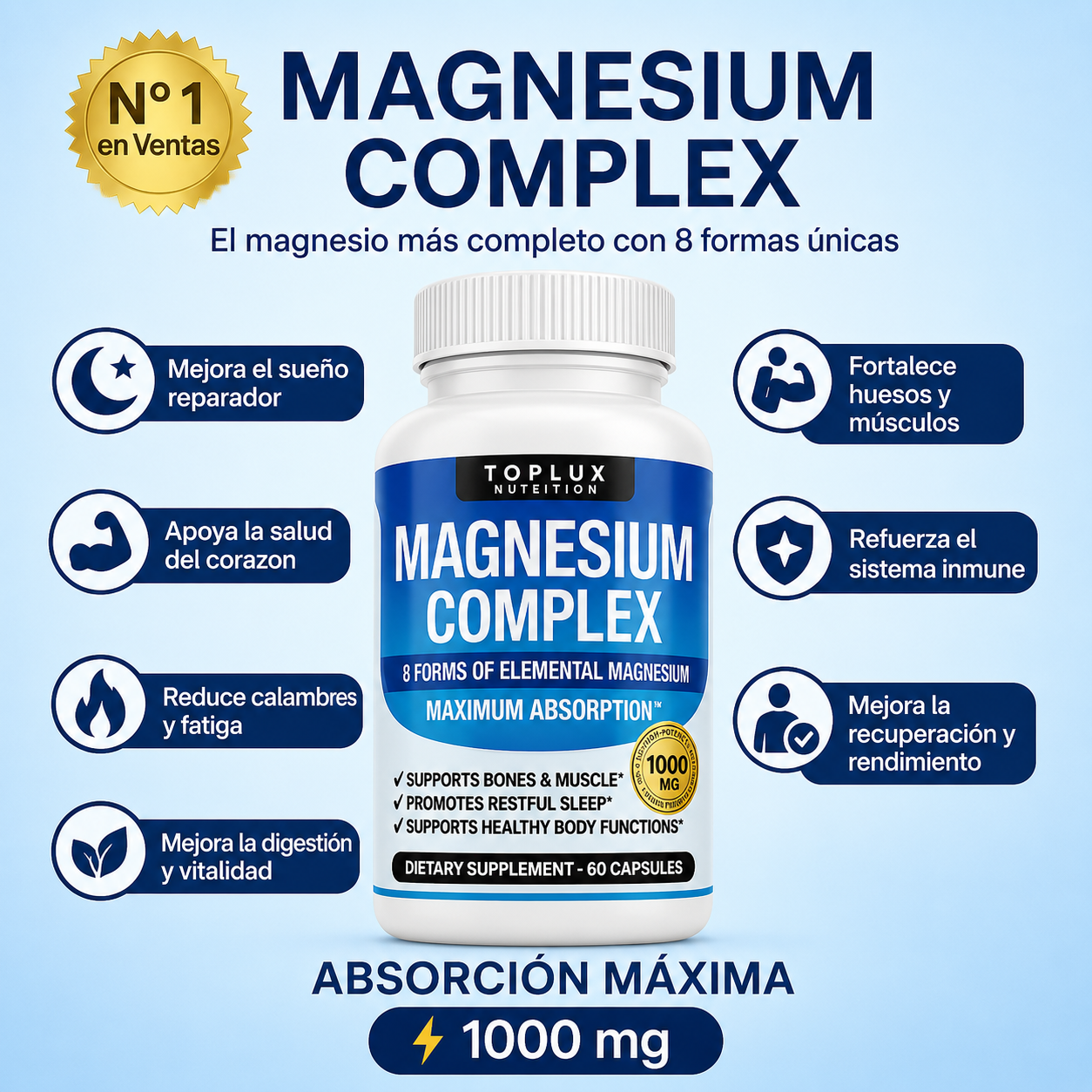 2x1 Magnesio Suplemento 8 Elemental 1000mg