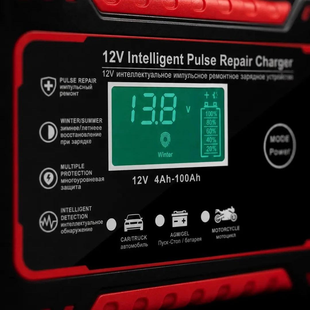 Panel del cargador 12V con pantalla LCD, rango 4Ah a 100Ah y selector de modo