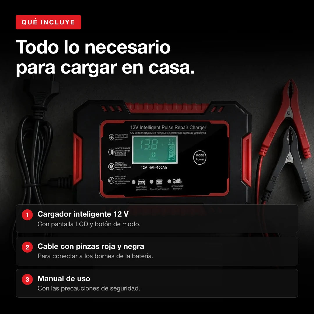 Contenido del paquete: cargador 12V, cable con pinzas y manual de uso