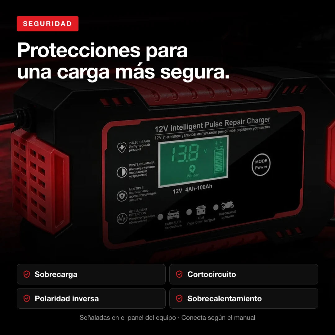Protecciones del cargador: sobrecarga, cortocircuito, polaridad inversa y sobrecalentamiento