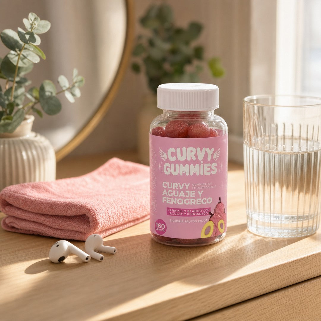 Frasco de Curvy Gummies en un tocador junto a un vaso de agua y una toalla de gimnasio