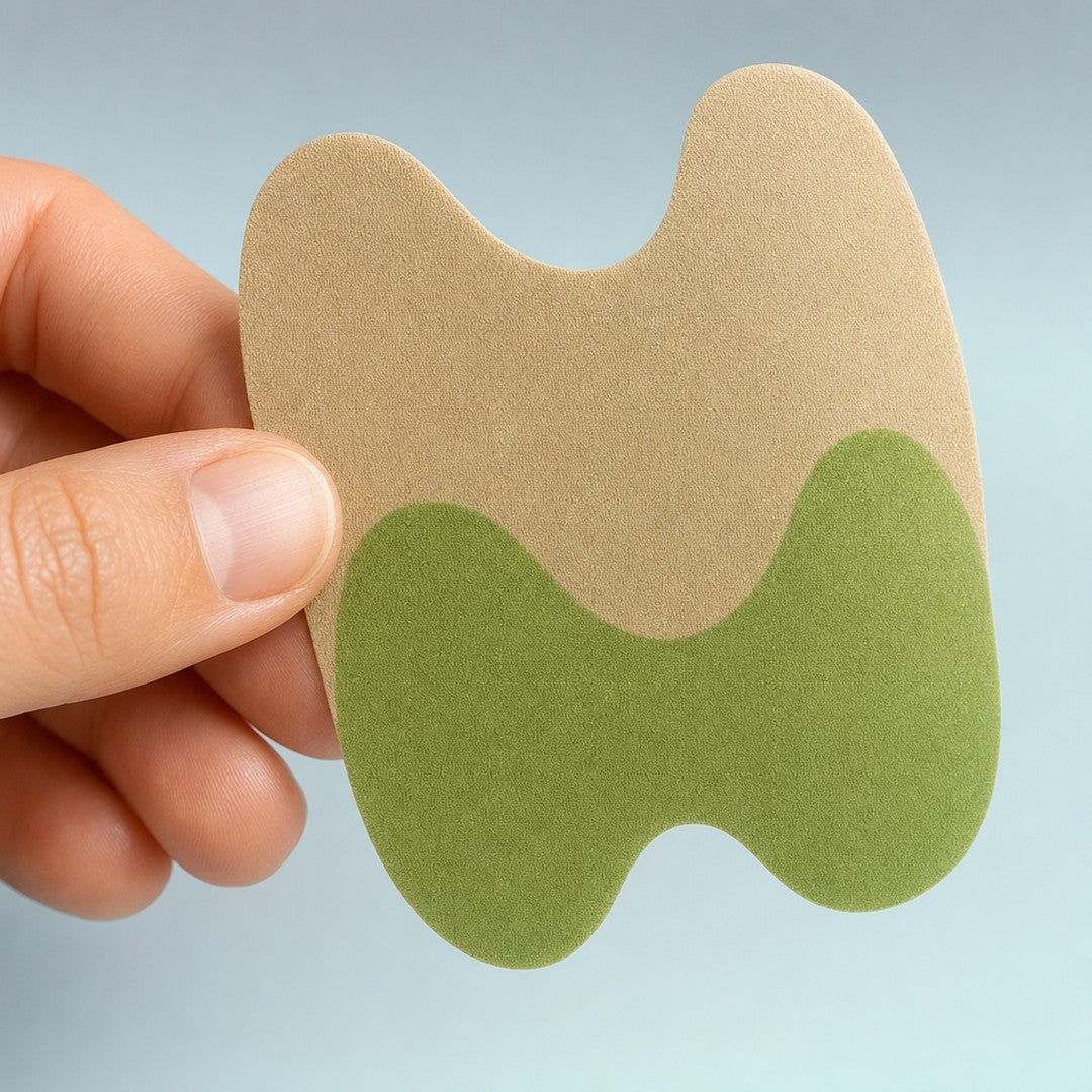 Mano sosteniendo un parche Deroyal verde y beige, con su forma ondulada