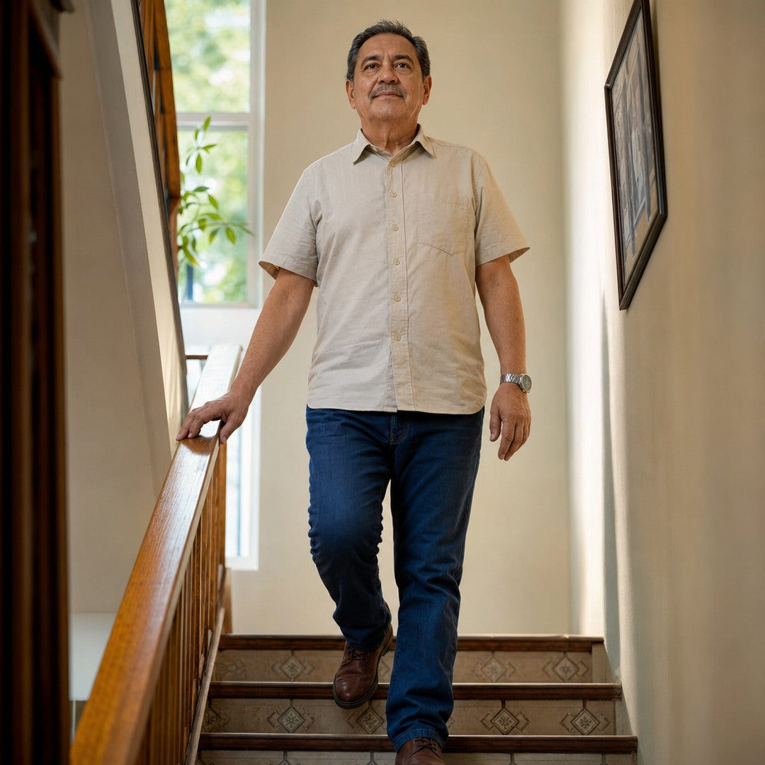 Hombre de unos 55 años bajando una escalera en su casa, apoyado en el pasamanos