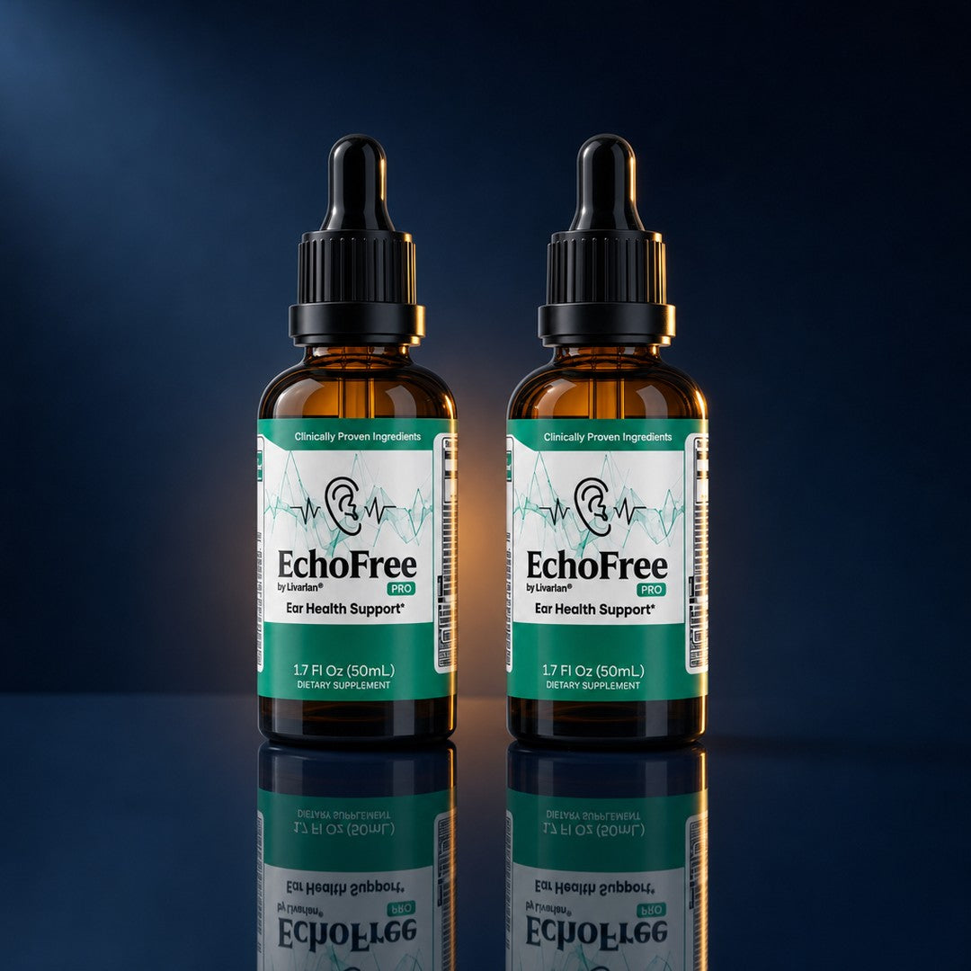 Dos frascos de EchoFree Pro de 50 mL con gotero de vidrio, sobre una superficie azul marino con luz ámbar