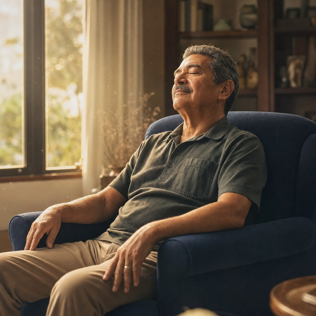 Hombre mayor sentado tranquilo en un sillón junto a la ventana de su casa, con luz cálida de la tarde