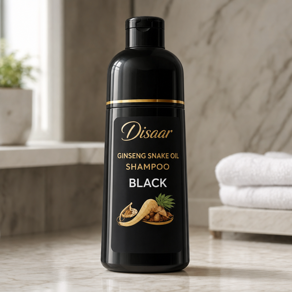 Shampoo cubridor de canas Disaar Ginseng Snake Oil 400 ml sobre mueble de baño