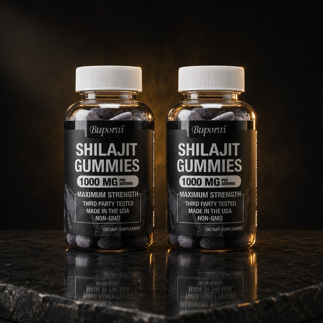 Dos frascos de Shilajit Gomitas 1000 mg sobre una superficie oscura con luz dorada
