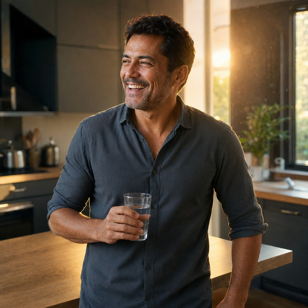 Hombre de unos 40 años riendo relajado en su cocina con luz cálida de la tarde